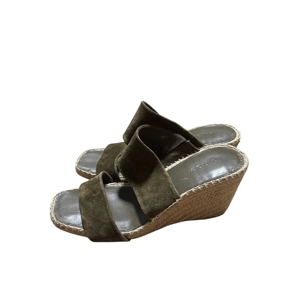 Vince Olive Suede Double Strap Espadrille Wedge Slides 8